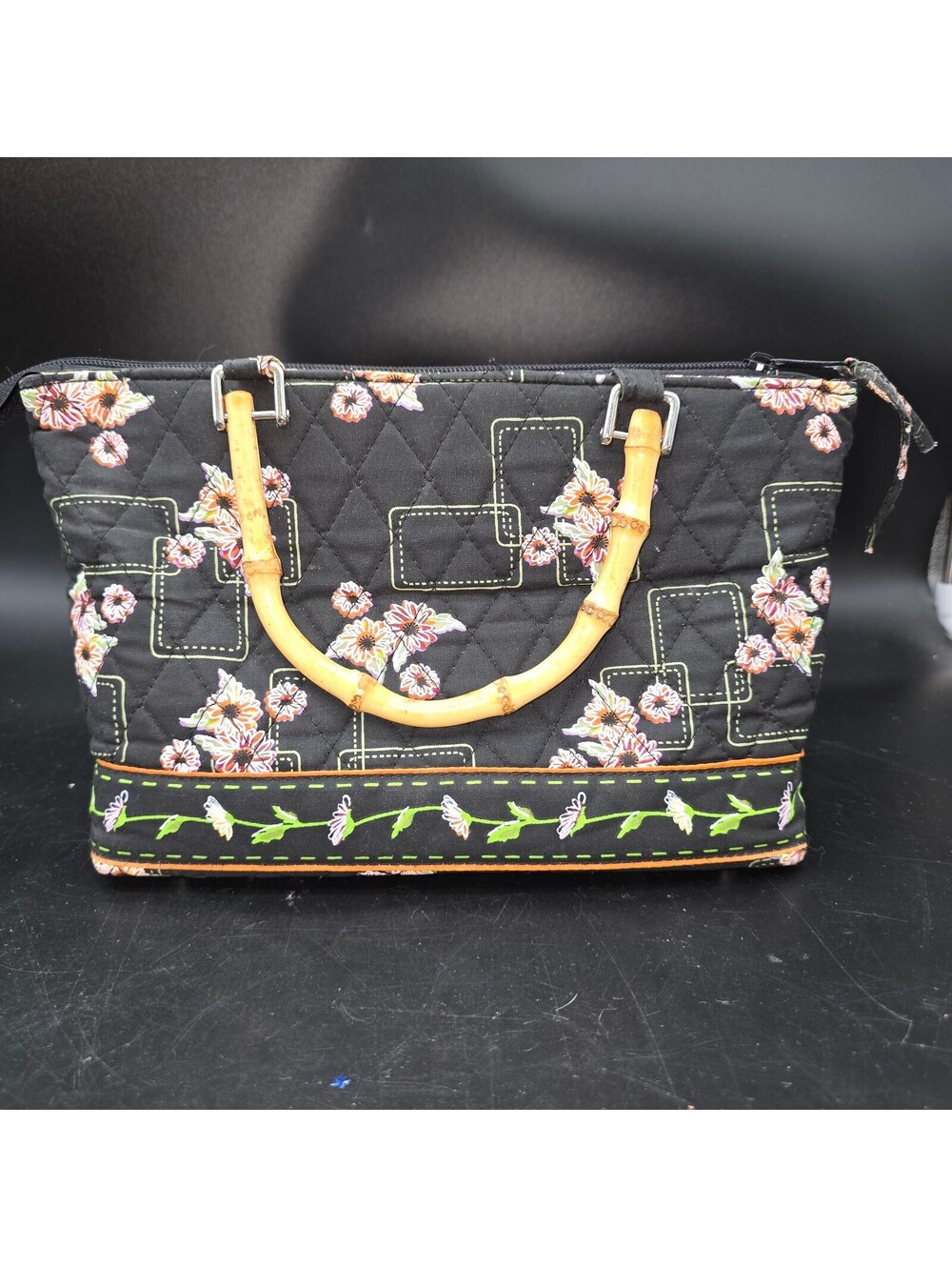 Vintage Tianni Quilted Handbag Bamboo Handles Floral Embroidered Plaid Y2K